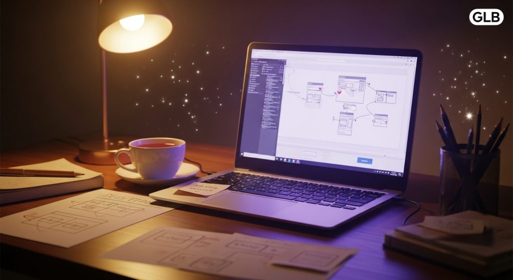 GLB Design & Development workspace showing thoughtful website planning with wireframes and warm lighting